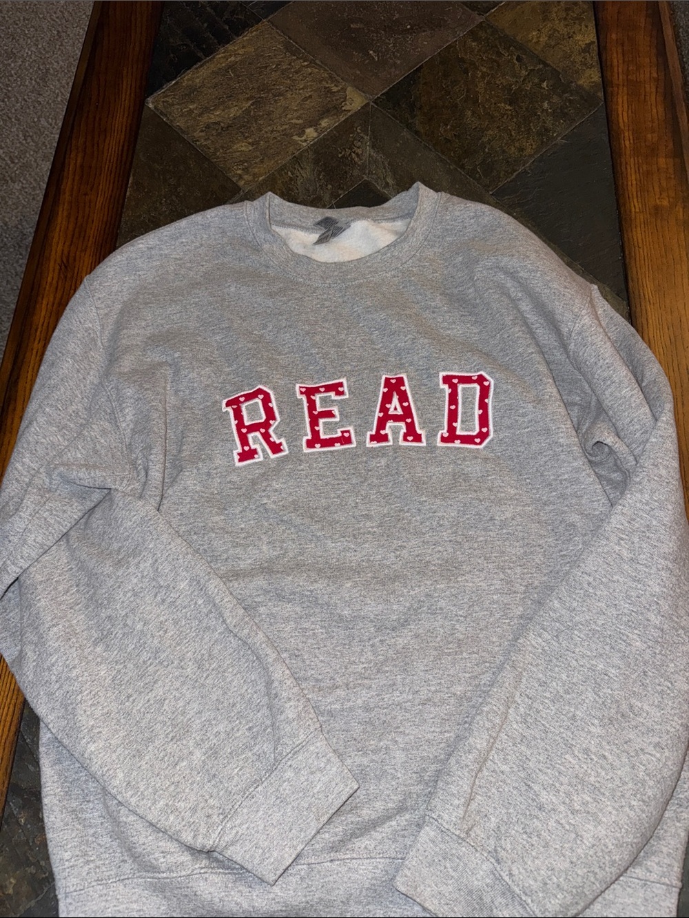Threaded by Sabrina Gray Crewneck Sweatshirt with Red 'READ' Appliqué